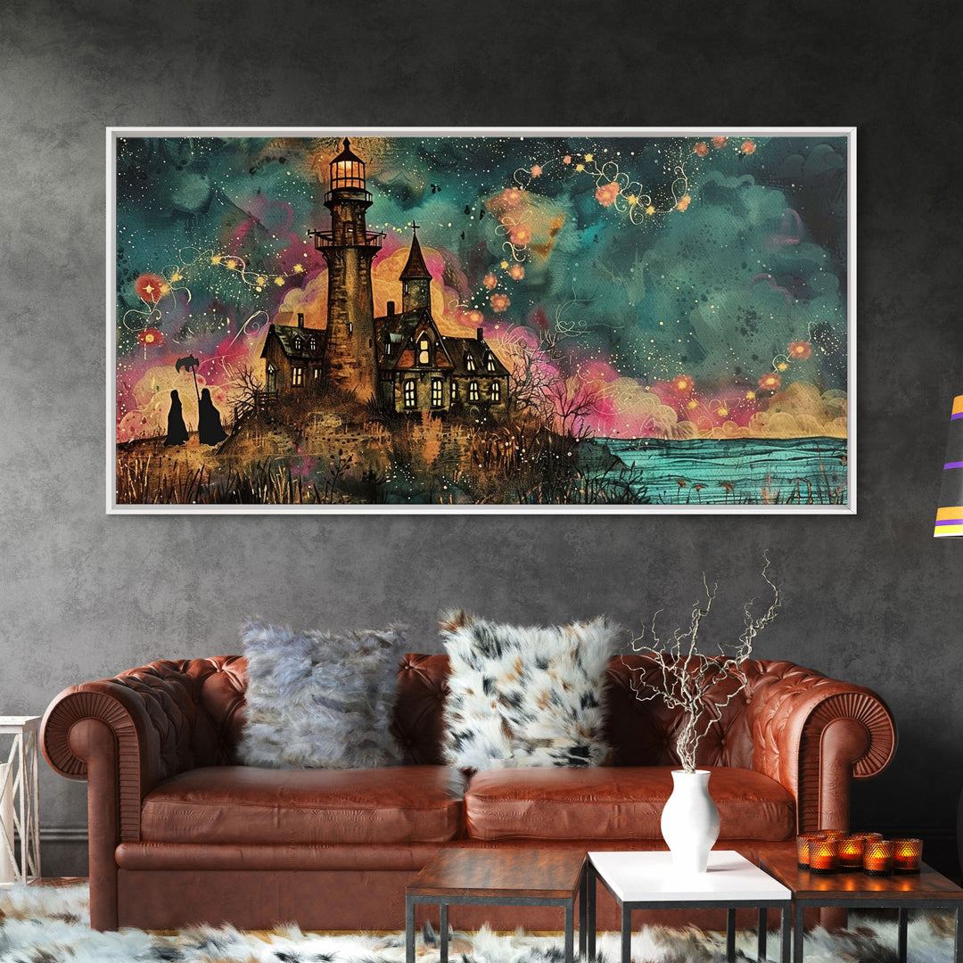 The Haunted Light House, Abstract Art, Framed Canvas Print, Original Midcentury Style Lighthouse Painting Wall Decor