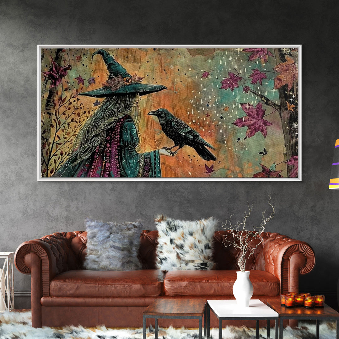 The Witch and The Raven Familiar, Framed Canvas Print, Halloween Gift, Halloween Props, Halloween Wall Art