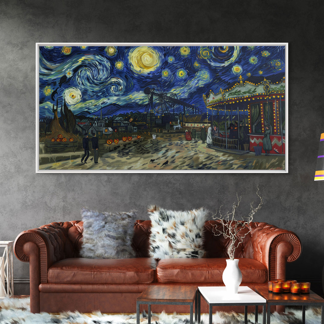 Spooky Haunted Carnival, Framed Canvas Print, Starry Night Inspired Spooky Season Wall Art, Halloween Prop