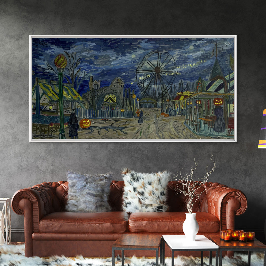 Spooky Haunted Carnival, Framed Canvas Print, Starry Night Inspired Spooky Season Wall Art, Halloween Prop