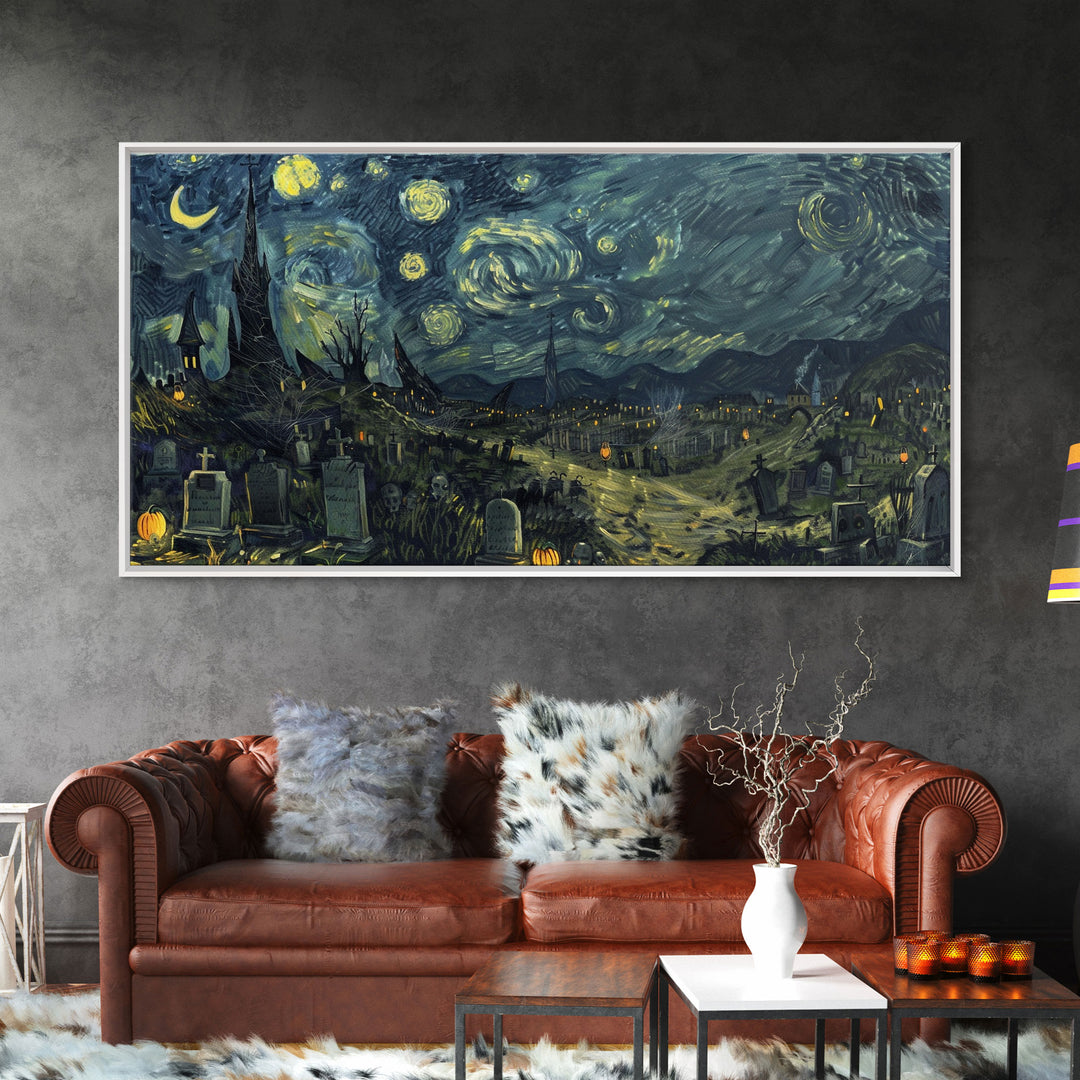 Starry Night Inspired Haunted Cemetery Framed Canvas Print, Halloween Wall Decor, Art Prints, Creepy Art