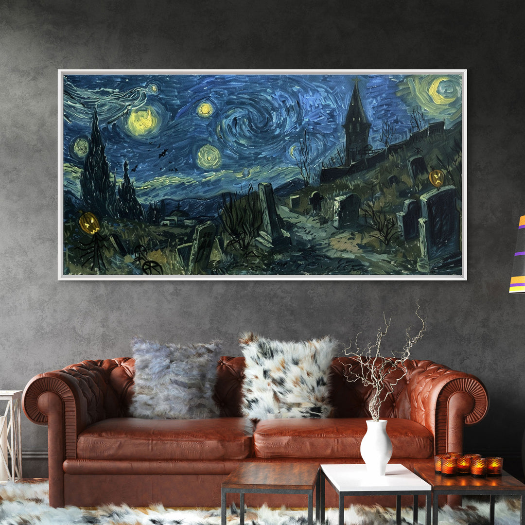 Starry Night Inspired Haunted Cemetery Framed Canvas Print, Halloween Wall Decor, Art Prints, Creepy Art, Spooky Vibes