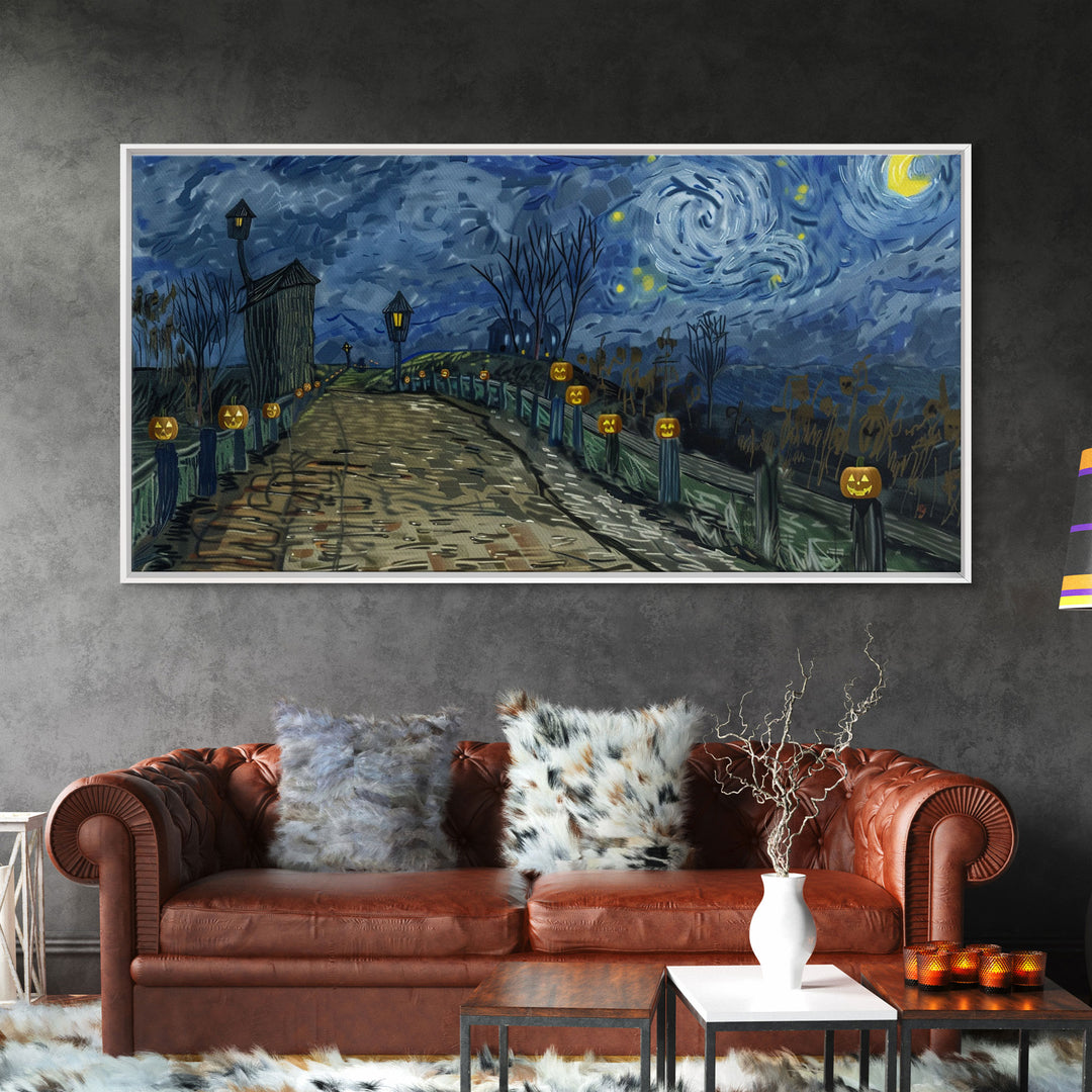 The Haunted Bridge, Framed Canvas Print, Spooky Home Decor, Starry Night Inspired