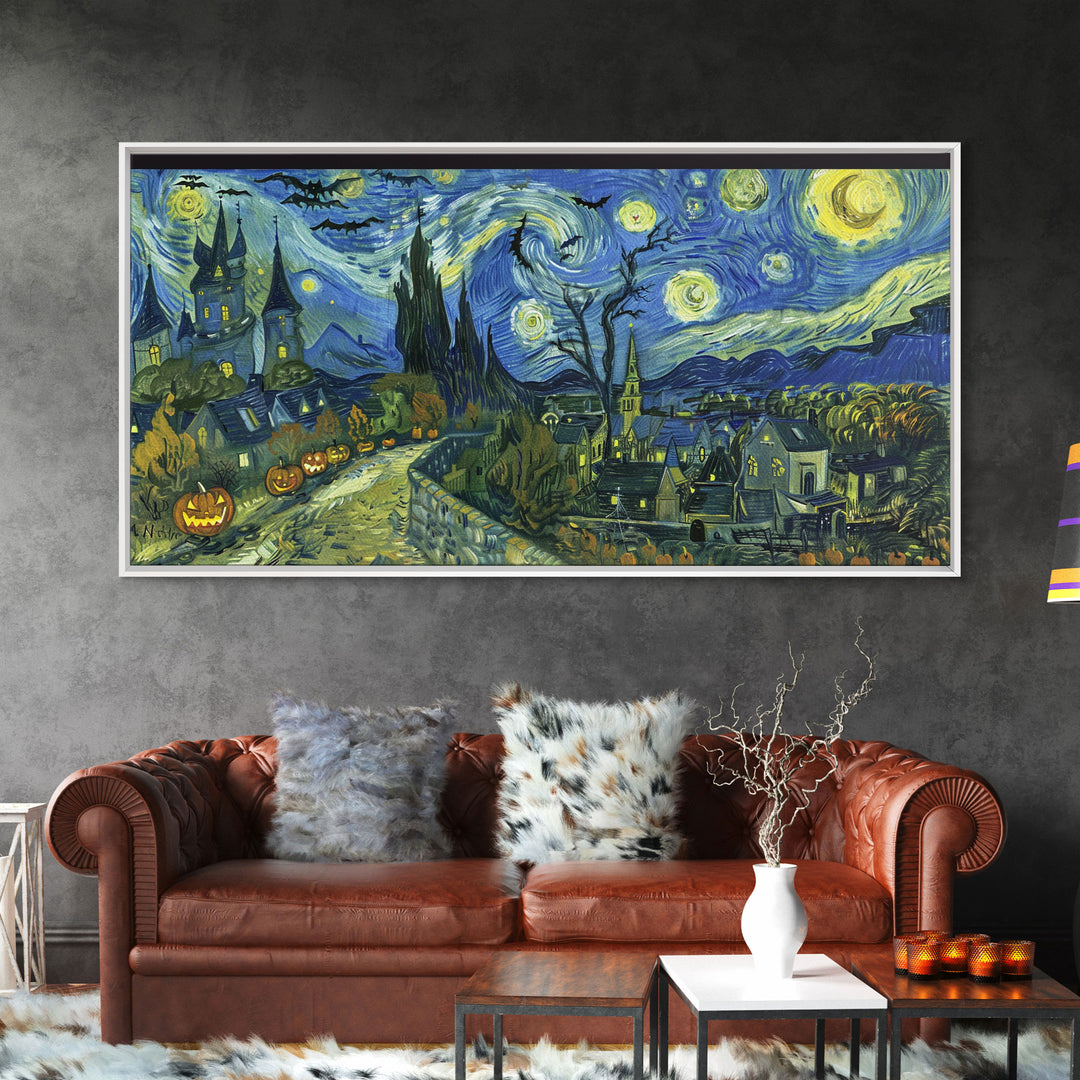 Spook Vibes Wall Art - Framed Canvas Print - Victorian Era London Starry Night Inspired Spooky Month Decor