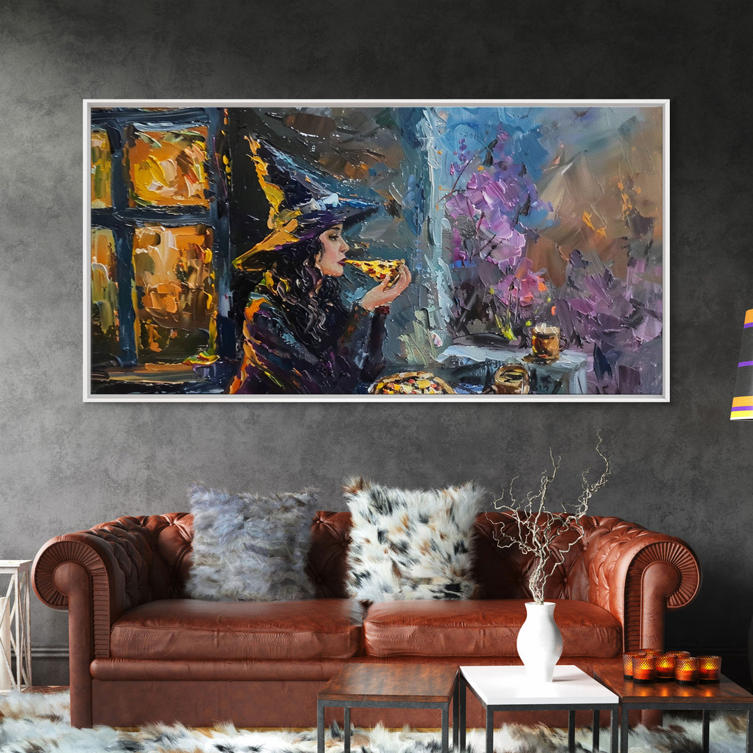 Time For Some Pizza, Witch Havin' a slice of Pizza, Framed Canvas Print, Funny Halloween Art