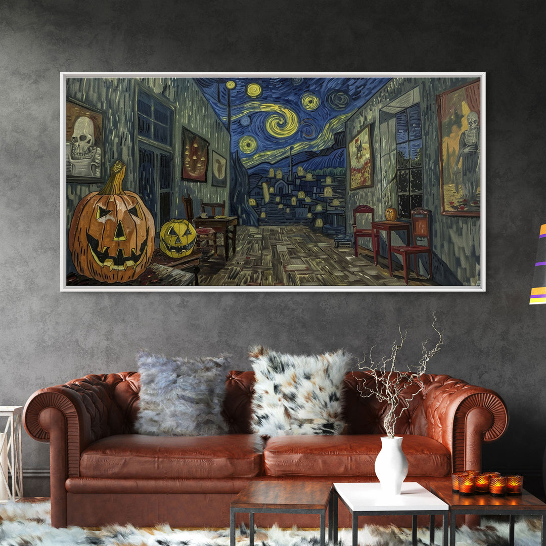 Starry Night Inspired Halloween Decor, Framed Canvas Print, Haunted Grave Yard