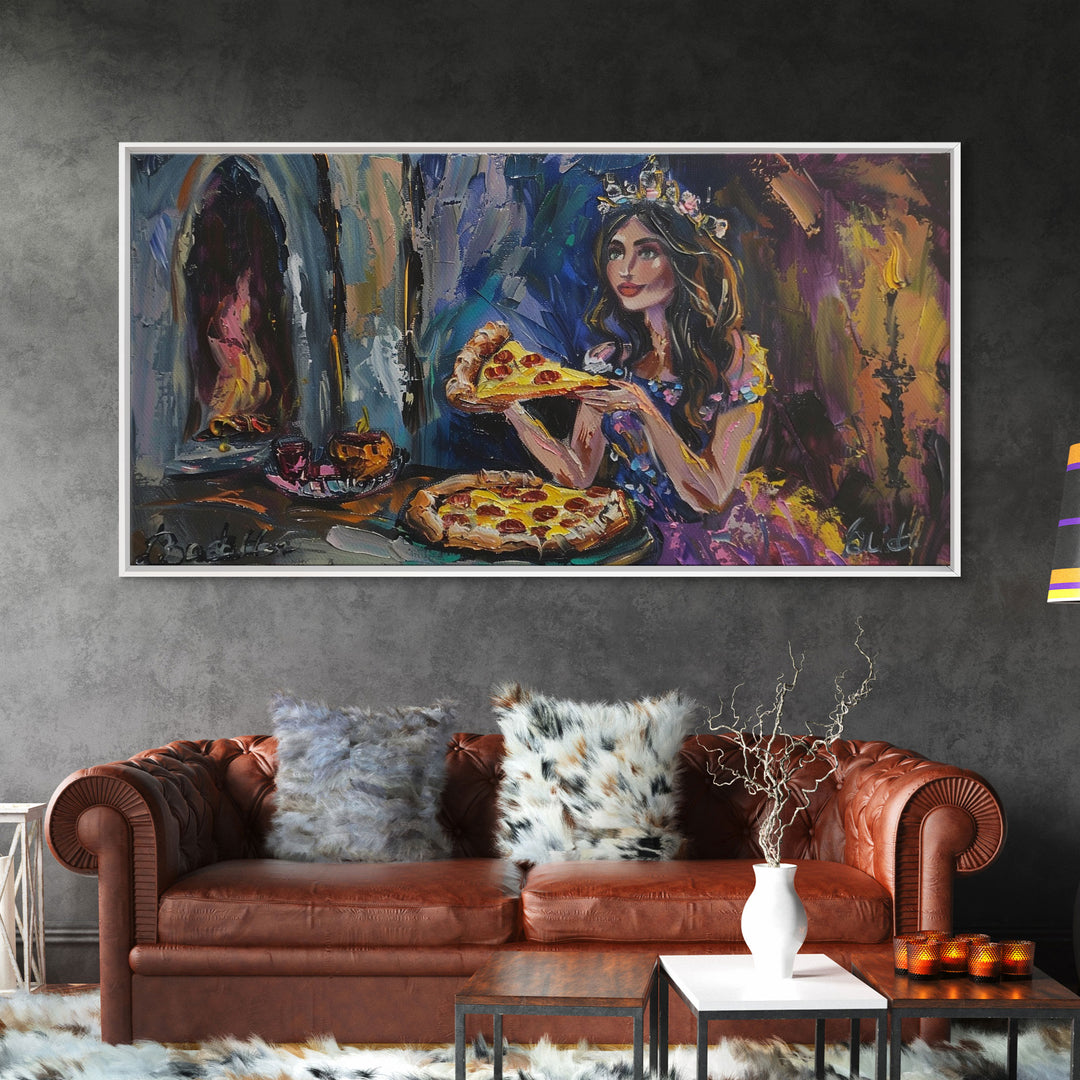 The Princess and the Pizza, Framed Canvas Print, Funny Decor, Funny Art