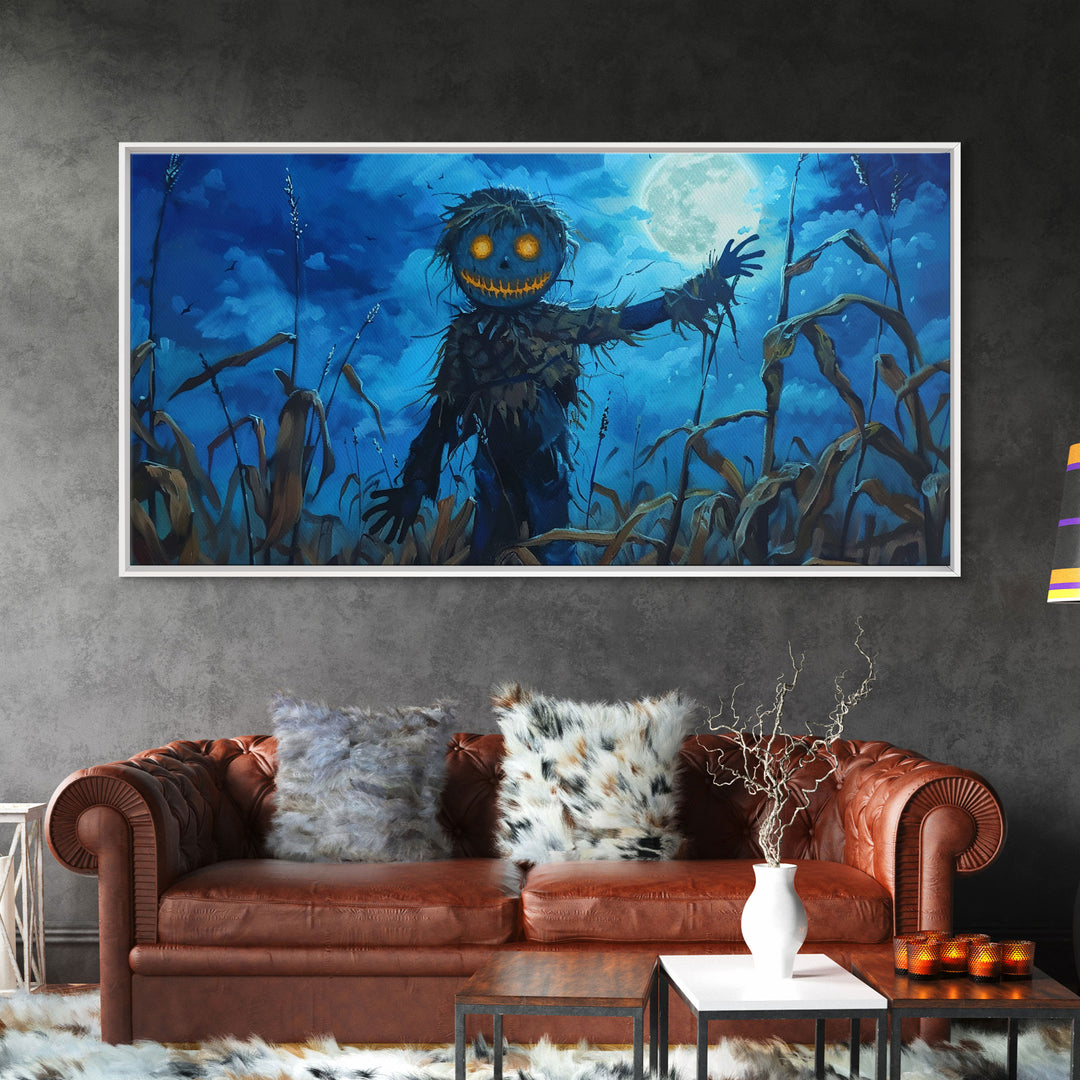 Spooky Jack O' Lantern Scarecrow, Framed Canvas Print, Dark Academia, Halloween Decor, Spooky Season Wall Art