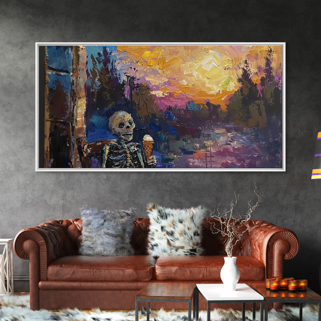 Spooky Skeleton having an ice cream cone at sunset, framed canvas print, funny halloween decor, halloween art