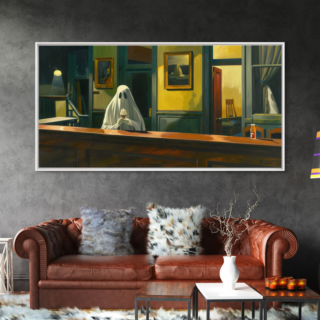 The Haunted Diner, Ghost Having an ice cream cone, Funny Halloween Art Framed Canvas Print