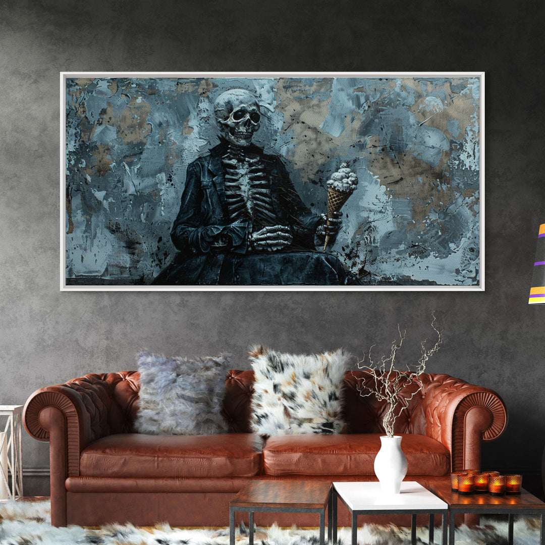 Skeleton Having an Ice Cream Cone, Macabre Wall Art, Framed Canvas Print, Spooky Halloween Art