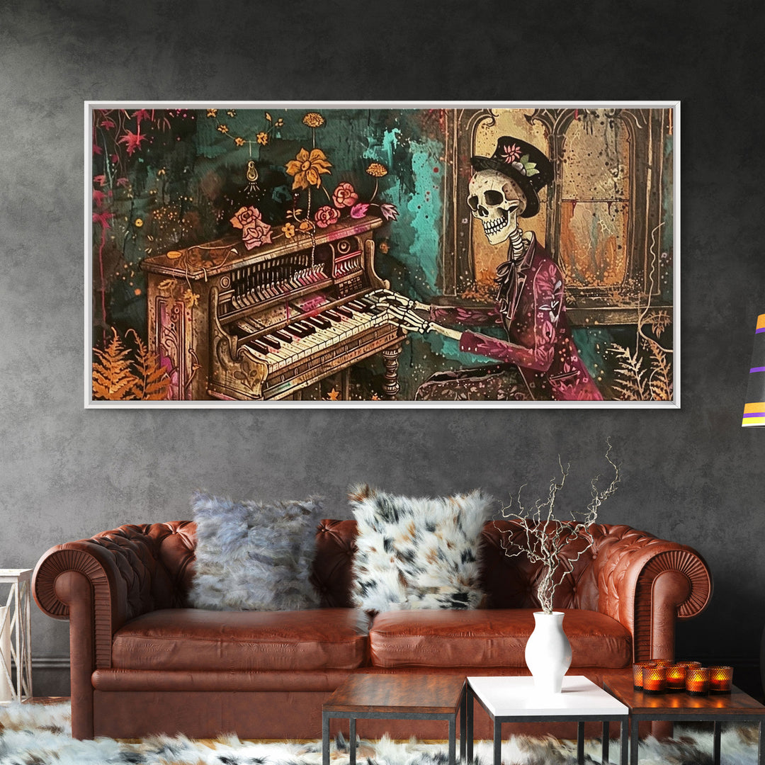 Skeleton Playing The Piano, Framed Canvas Print, Halloween Decor, Spooky Month Home Decor