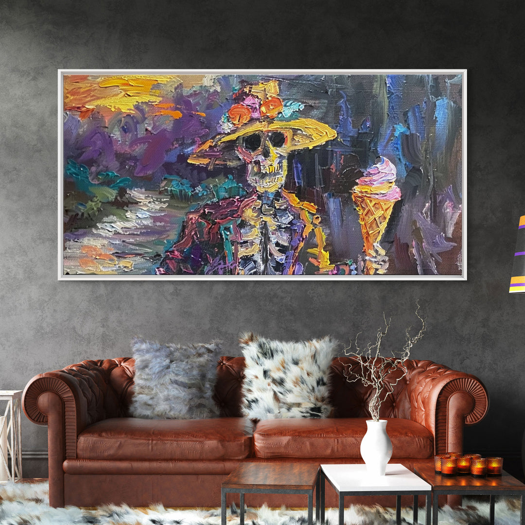 Skeleton In A Flower Hat Having an Ice Cream, Framed Canvas Print, funny Halloween Wall Art