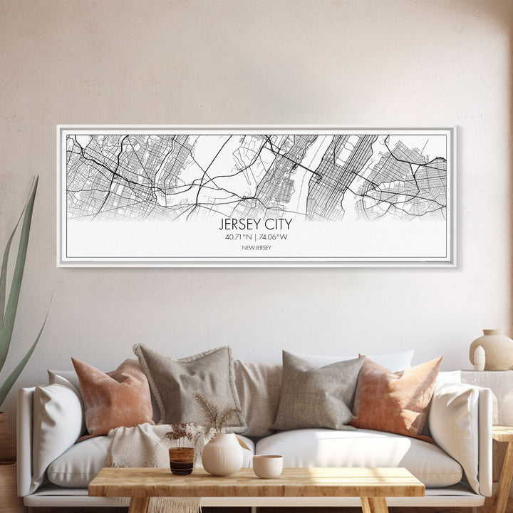 Panoramic Jersey City Map, New Jersey Art, Map Print, Minimalist Wall Art, Canvas Art, Housewarming Gift, Street Map Art, Closing Gift