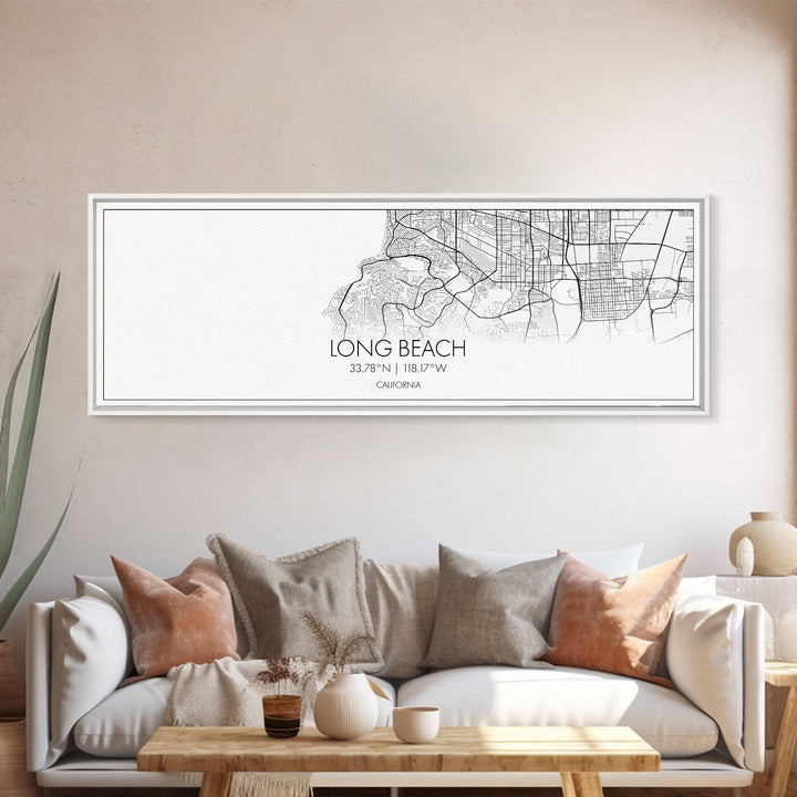 Panoramic Long Beach City Map, California Art, Map Print, Minimalist Wall Art, Canvas Art, Housewarming Gift, Street Map Art, Closing Gift