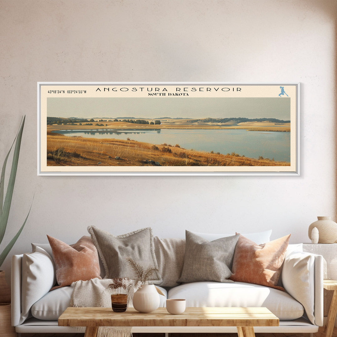 Angostura Reservoir South Dakota Panoramic Framed Canvas Print, Lake House Decor, Minimalist Art, Travel Poster, Scenic Painting