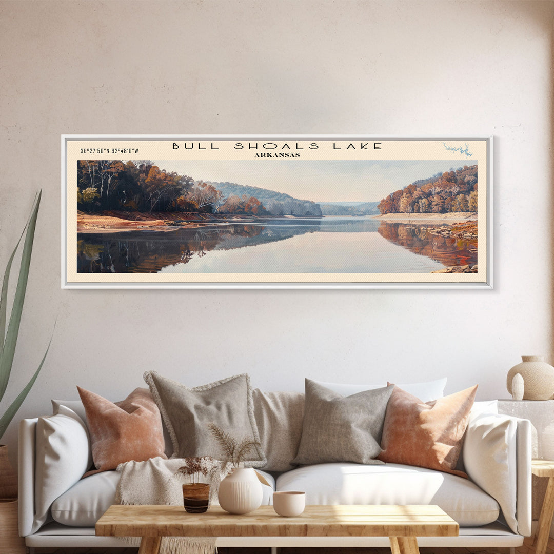 Bull Shoals Lake Arkansas Framed Canvas Print, Lake House Art, Panoramic Wall Art, Travel Poster, Rustic Lake Painting, Home Decor