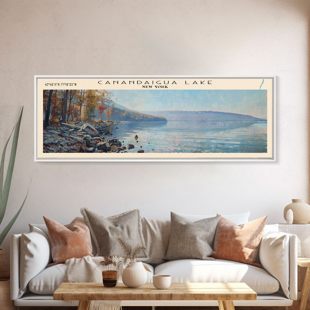 Canandaigua Lake New York Framed Canvas Print, Lake House Art, Panoramic Wall Art, Travel Poster, Modern Lake Painting, Nature Art