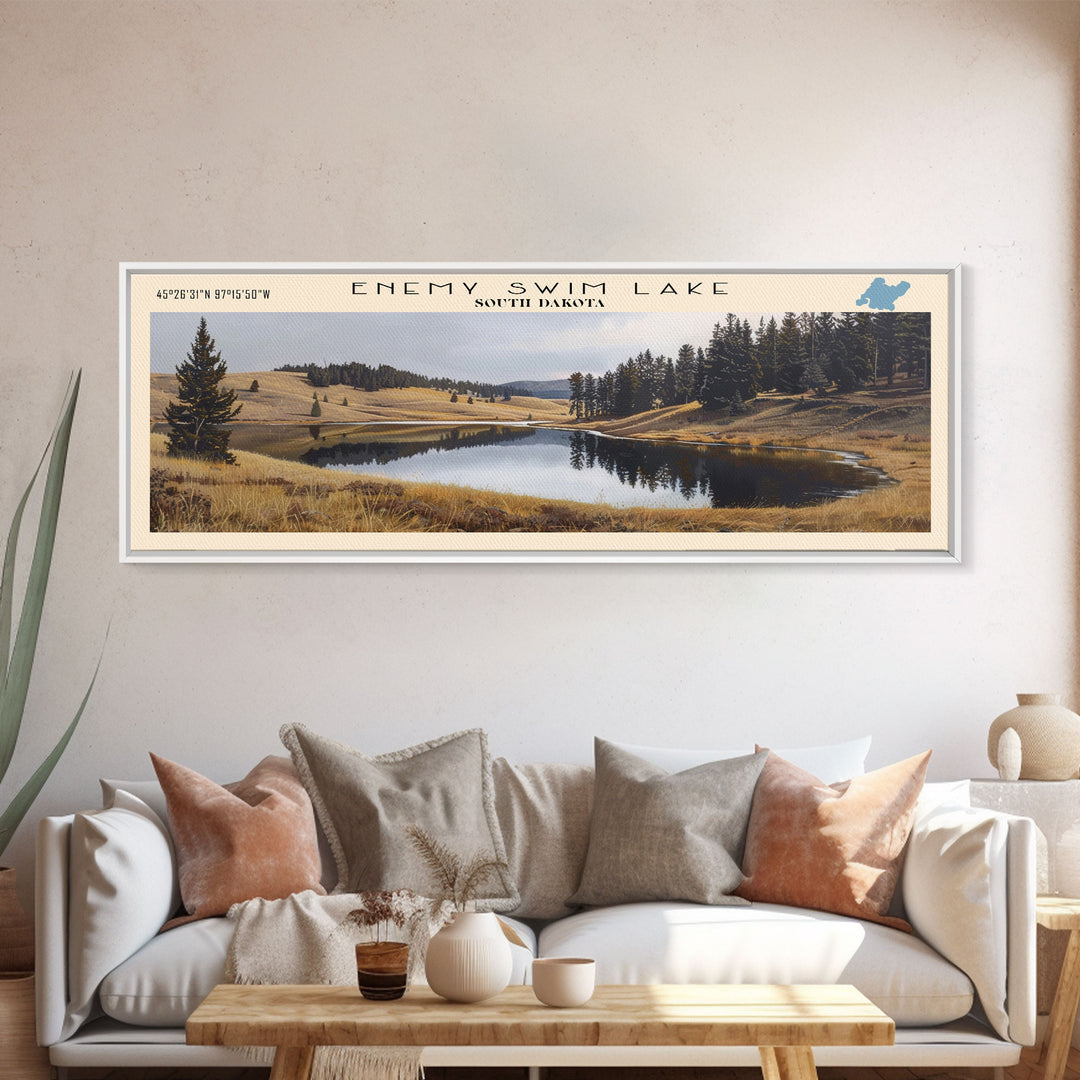 Enemy Swim Lake South Dakota Framed Canvas Print, Lake House Decor, Panoramic Wall Art, Travel Poster, Rustic Lake Painting, Home Decor