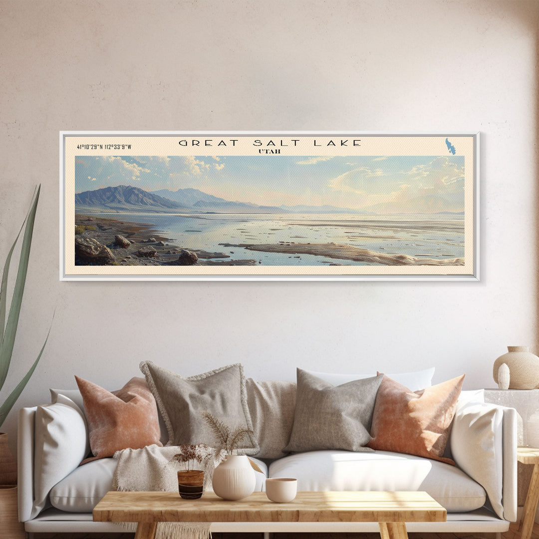 Great Salt Lake Framed Canvas Print, Panoramic Lake House Decor, Wall Art, Travel Poster, Vibrant Lake Painting, Nature Art