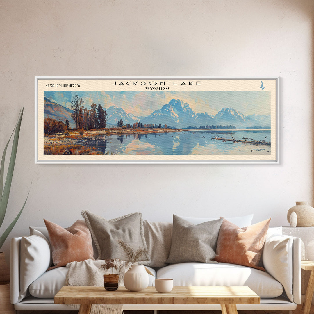 Jackson Lake Wyoming Framed Canvas Print, Lake House Art, Panoramic Wall Art, Travel Poster, Stunning Lake Painting, Nature Art