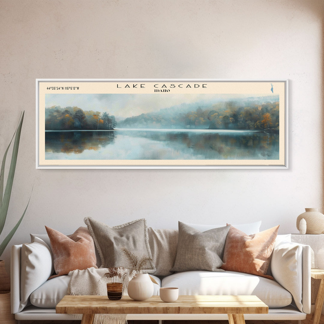 Lake Cascade Framed Canvas Print, Panoramic Lake House Decor, Wall Art, Travel Poster, Beautiful Lake Painting, Nature Art