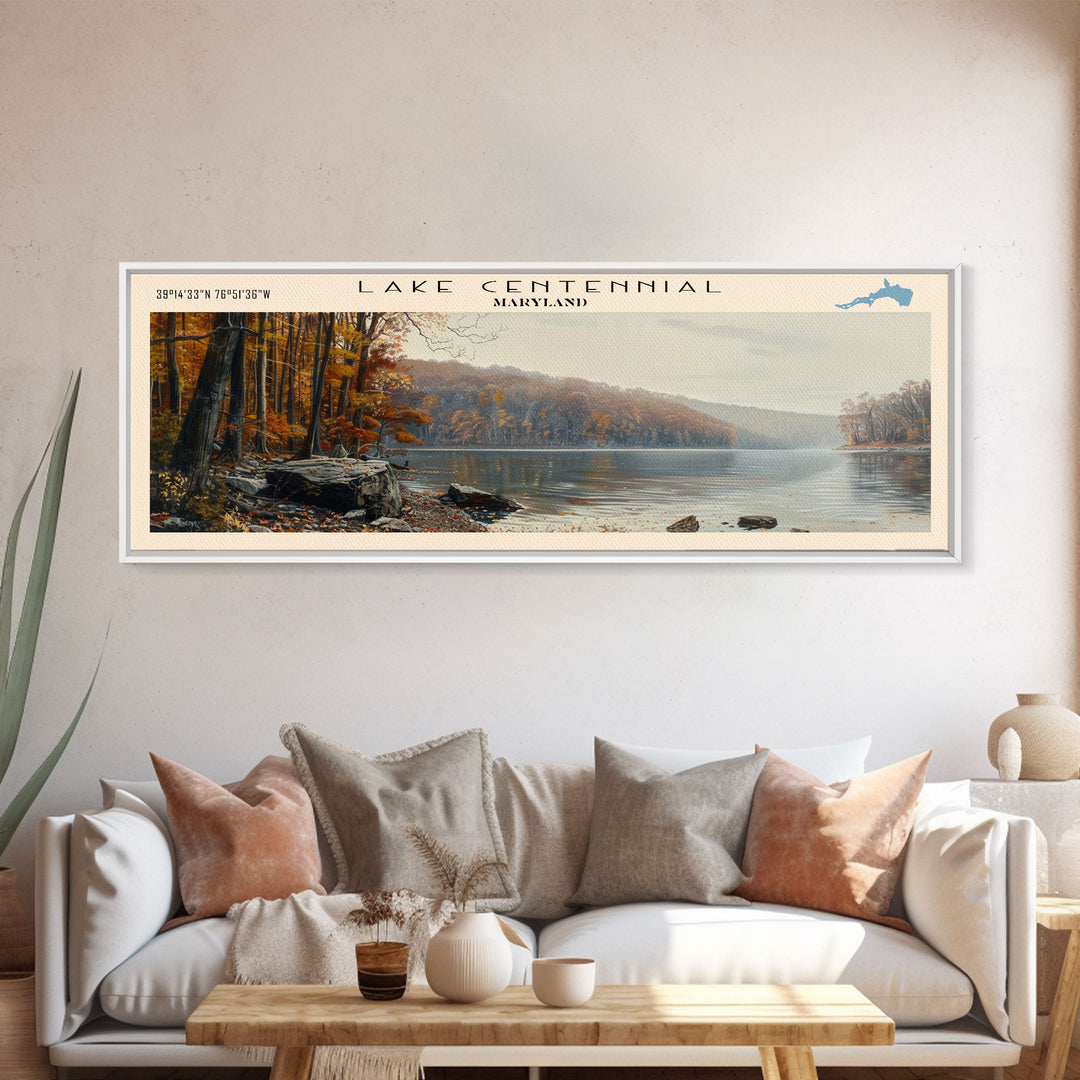 Lake Centennial Maryland Framed Canvas Print, Panoramic Lake House Decor, Wall Art, Travel Poster, Serene Lake Painting, Nature Art