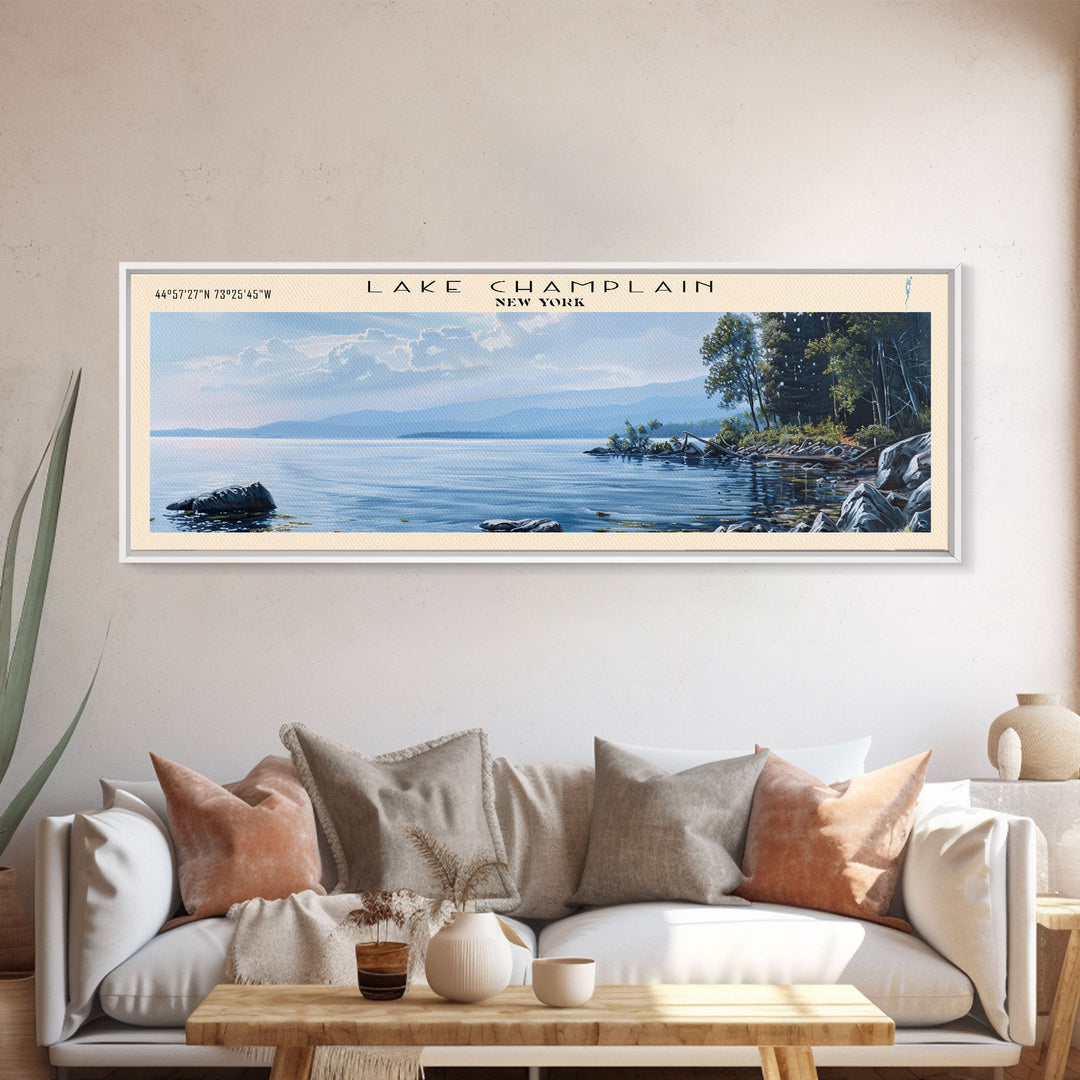 Lake Champlain Framed Canvas Print, Lake House Art, Panoramic Wall Art, Travel Poster, Captivating Lake Painting, Home Decor