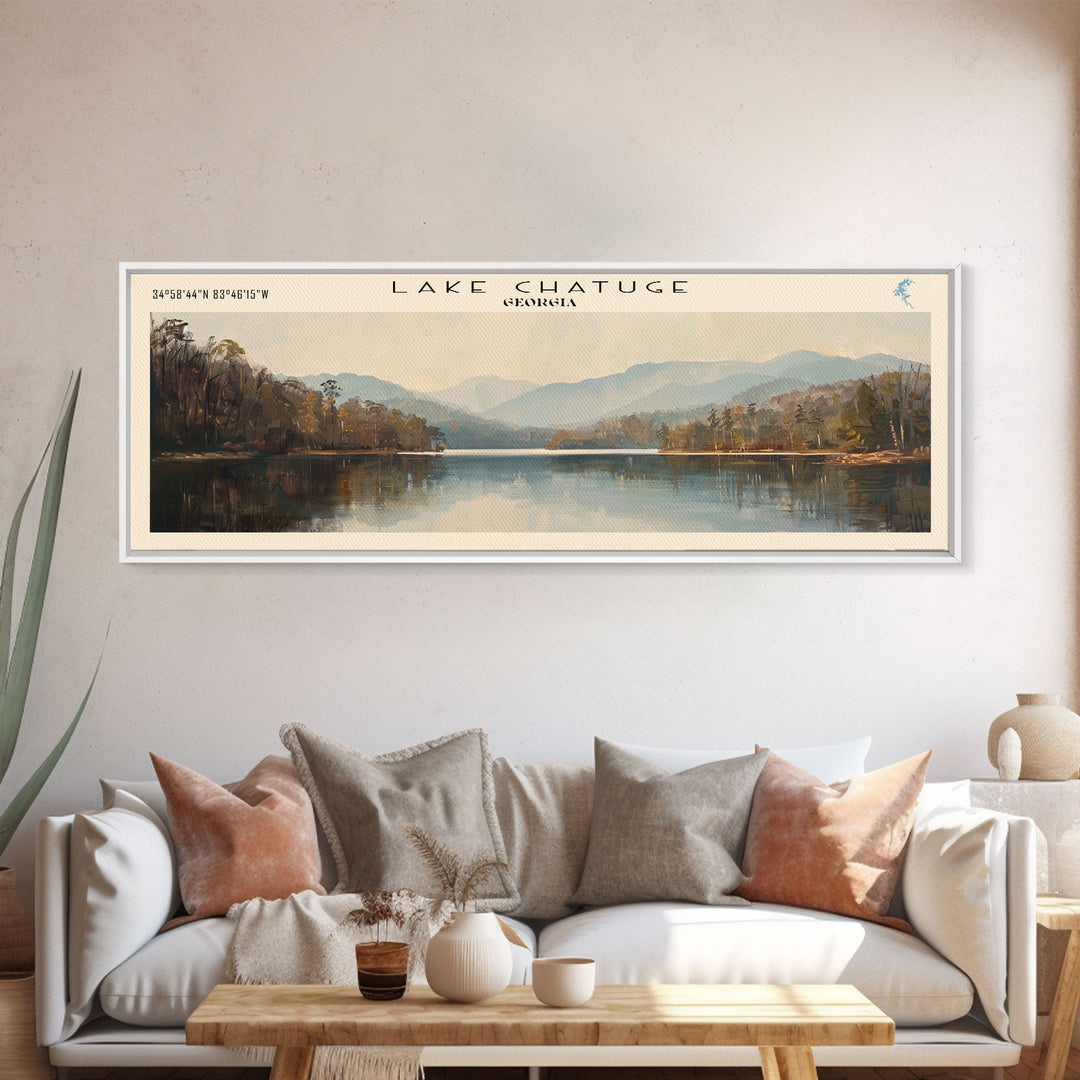 Lake Chatuge Georgia Framed Canvas Print, Lake House Decor, Panoramic Wall Art, Travel Poster, Serene Lake Painting, Nature Art