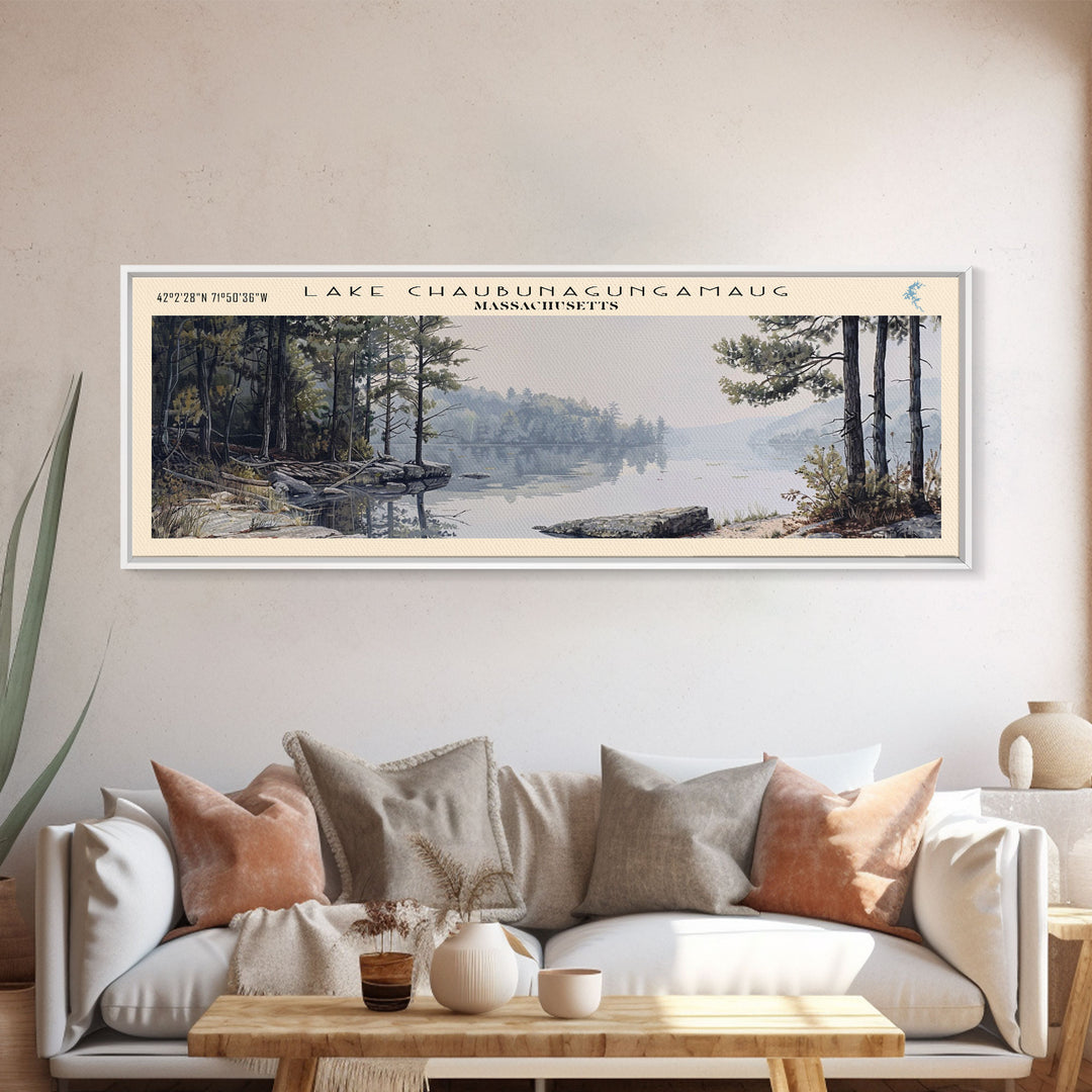 Lake Chaubunagungamaug Framed Canvas Print, Lake House Decor, Panoramic Wall Art, Travel Poster, Beautiful Lake Painting, Home Art