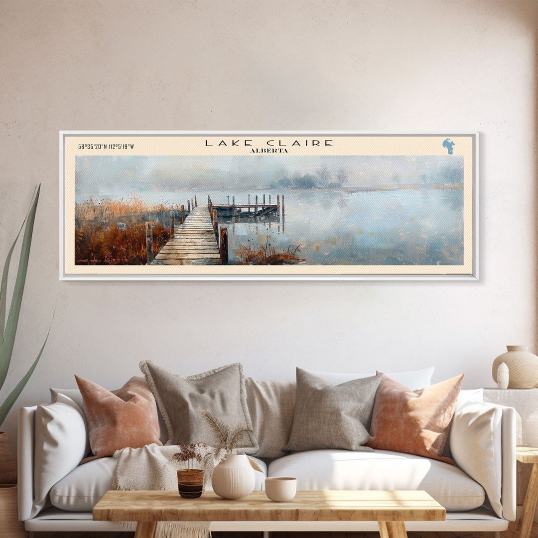 Lake Claire Framed Canvas Print, Lake House Decor, Panoramic Wall Art, Travel Poster, Beautiful Lake Painting, Home Art