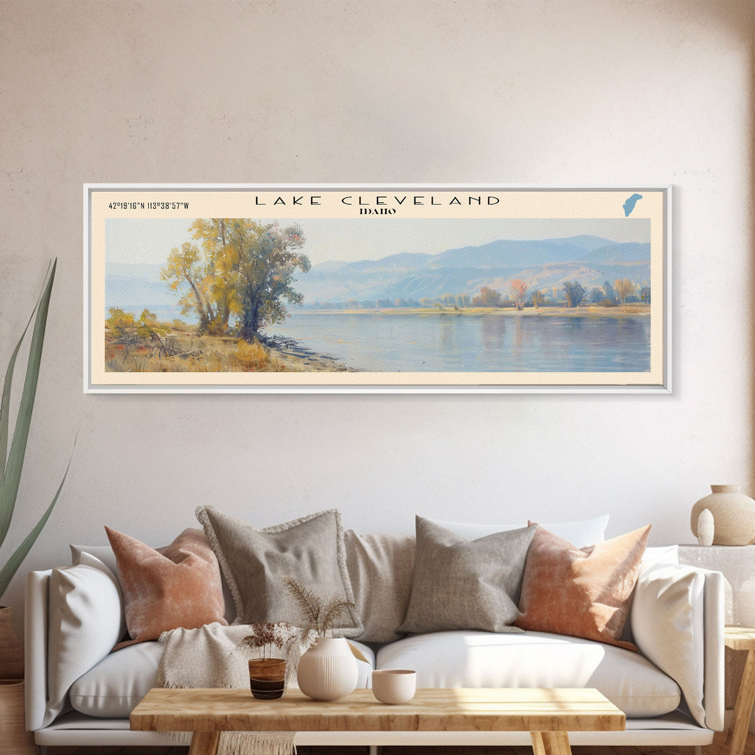 Lake Cleveland Idaho Framed Canvas Print, Lake House Decor, Panoramic Wall Art, Travel Poster, Stunning Lake Painting, Home Art