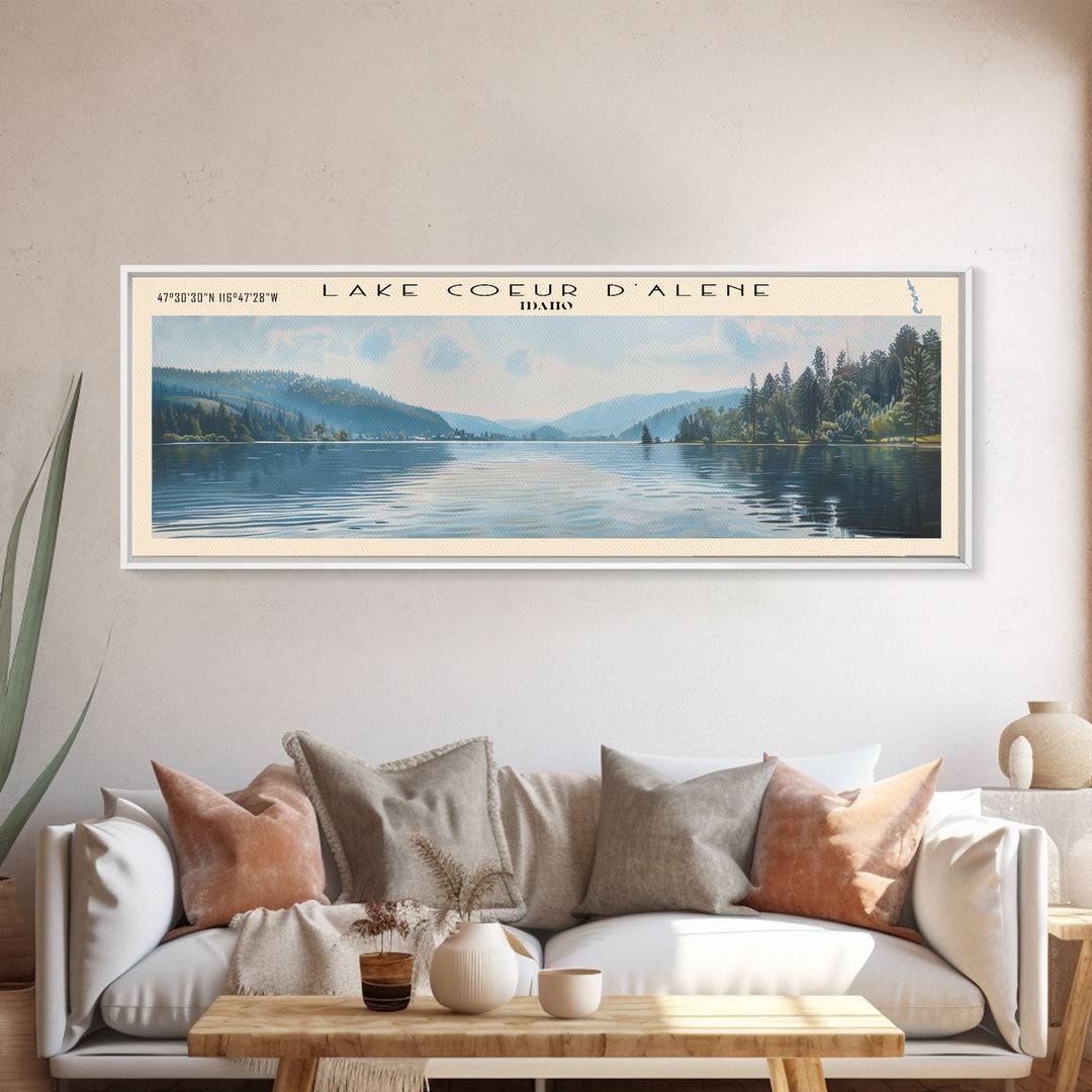 Lake Coeur d'Alene Idaho Framed Canvas Print, Lake House Decor, Panoramic Wall Art, Travel Poster, Scenic Lake Painting, Home Art