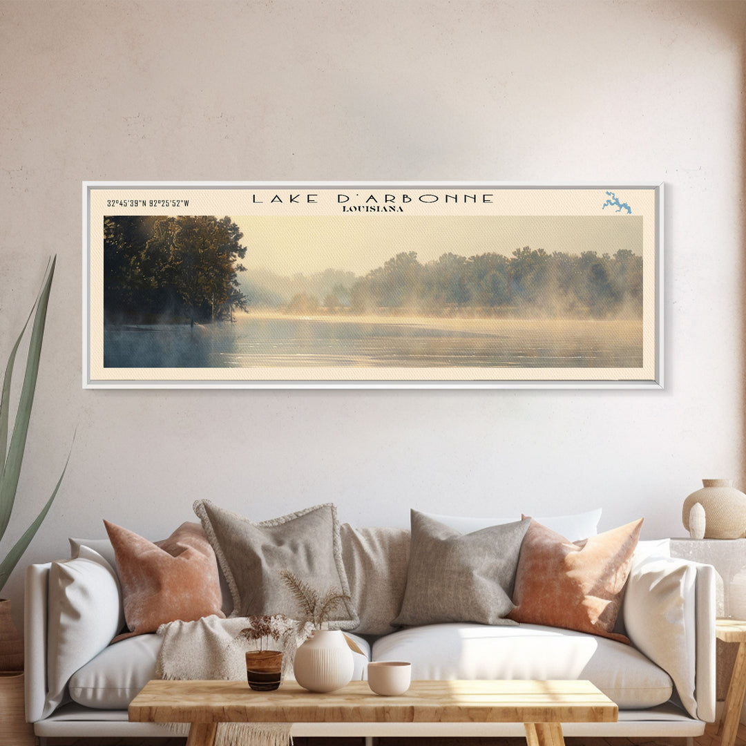 Lake D'Arbonne Louisiana Framed Canvas Print, Lake House Decor, Panoramic Wall Art, Travel Poster, Serene Lake Painting, Nature Art