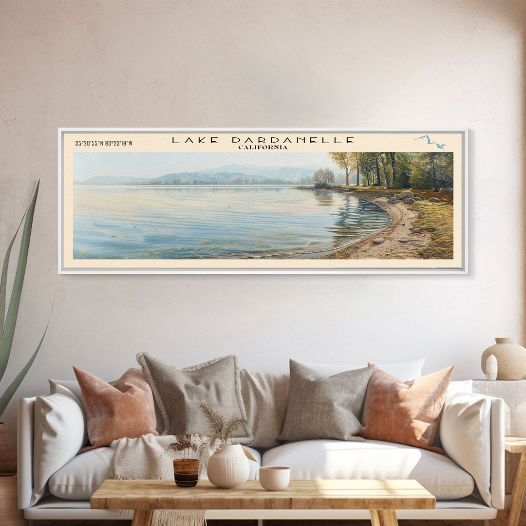 Lake Dardanelle California Framed Canvas Print, Lake House Decor, Panoramic Wall Art, Travel Poster, Scenic Landscape Painting, Nature Art