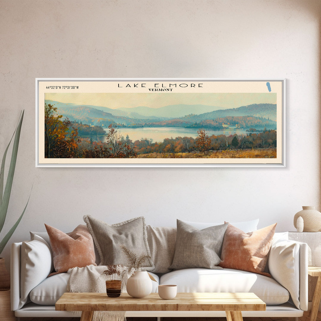 Lake Elmore Vermont Framed Canvas Print, Lake House Decor, Panoramic Wall Art, Travel Poster, Beautiful Lake Painting, Home Art