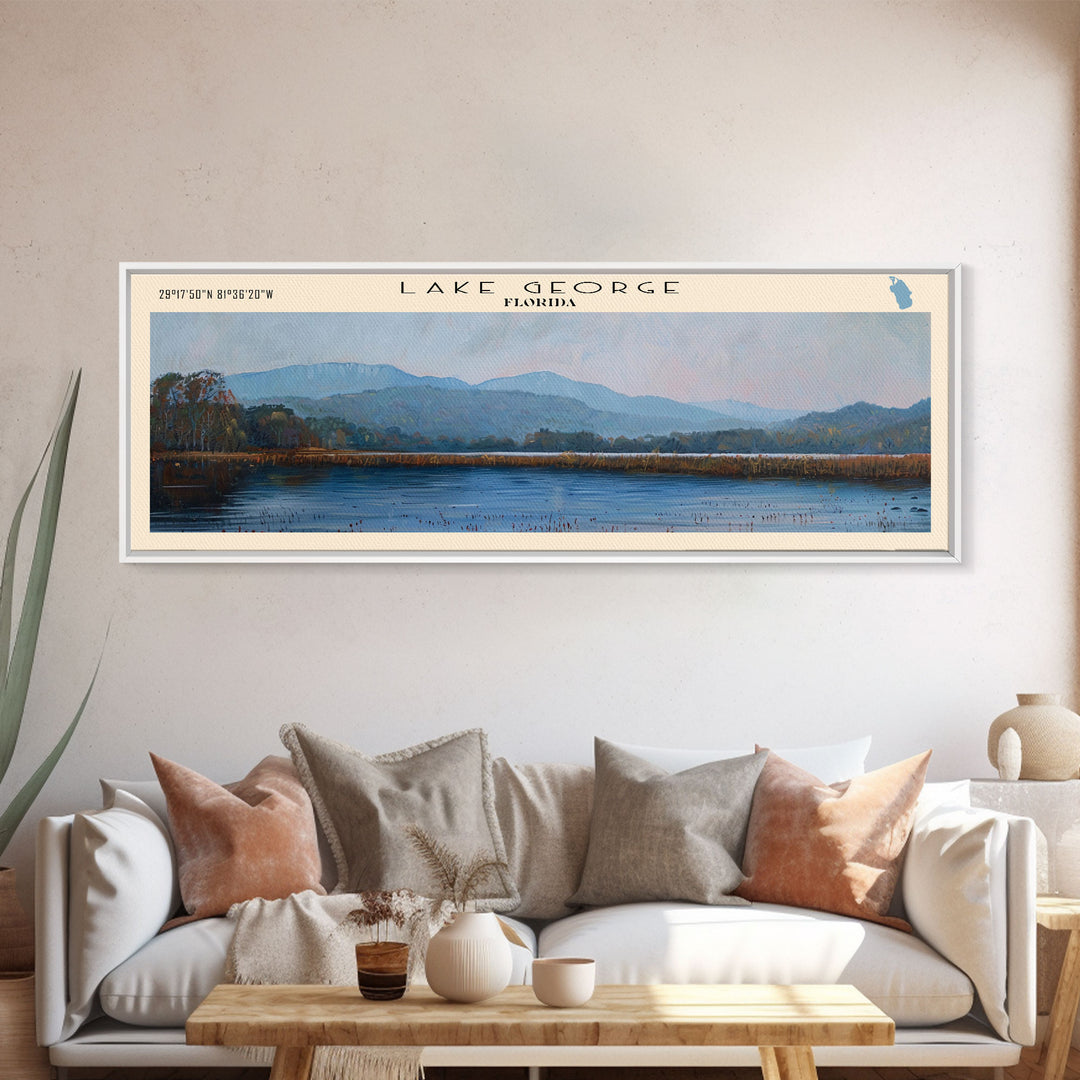 Lake George Framed Canvas Print, Lake House Decor, Panoramic Wall Art, Travel Poster, Serene Lake Painting, Nature Art