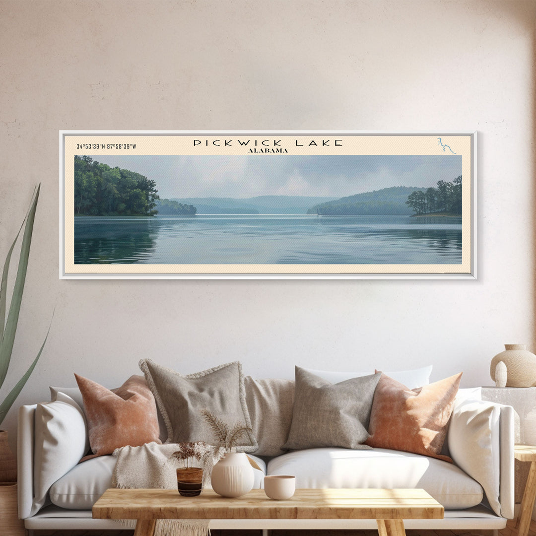 Pickwick Lake Alabama Framed Canvas Print, Lake House Decor, Panoramic Travel Poster, Scenic Wall Art, Contemporary Art