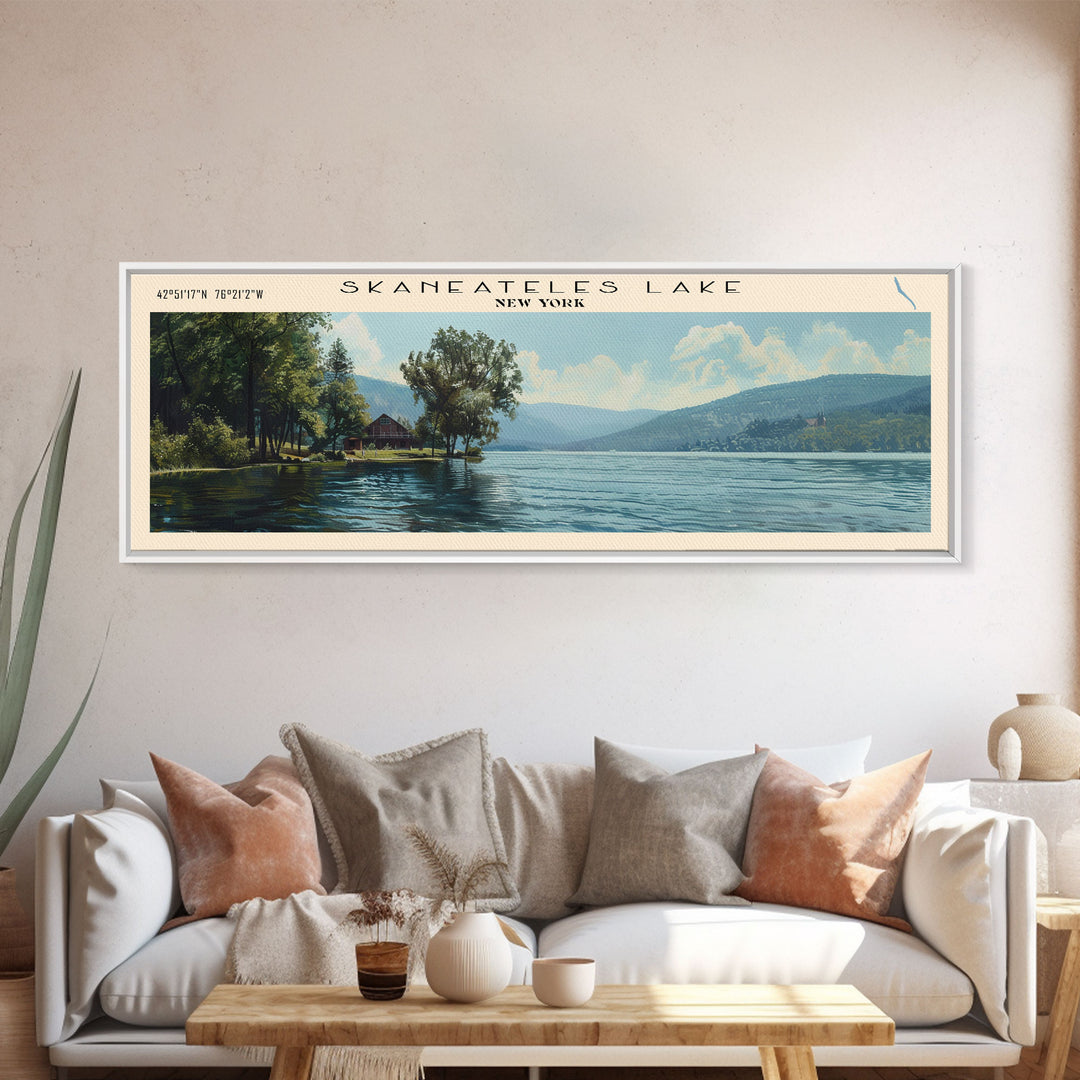 Skaneateles Lake New York Panoramic Framed Canvas Print, Lake House Decor, Wall Art, Travel Poster, Scenic Landscape, Living Room Decor