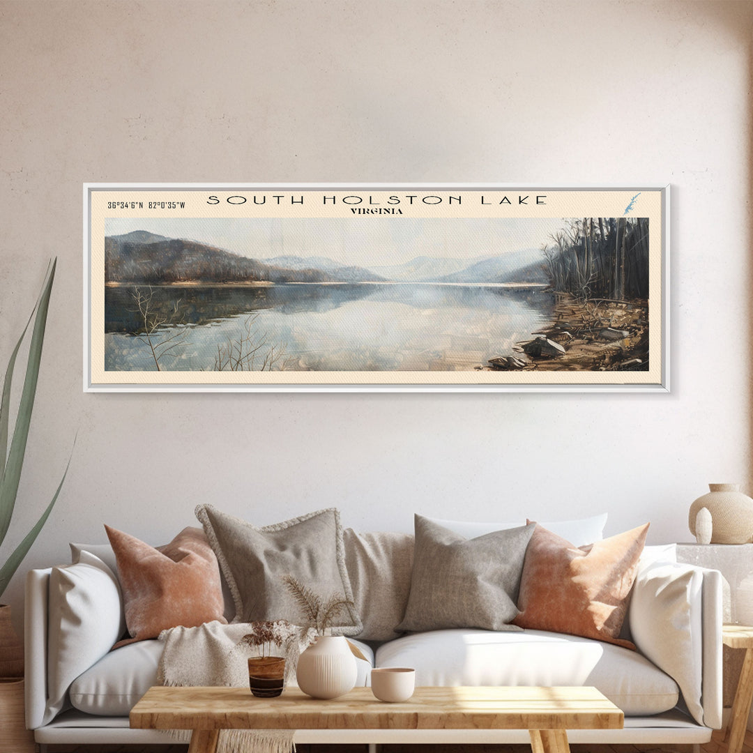 South Holston Lake Virginia Panoramic Framed Canvas Print, Lake House Decor, Wall Art, Travel Poster, Beautiful Lake Scene, Bedroom Decor