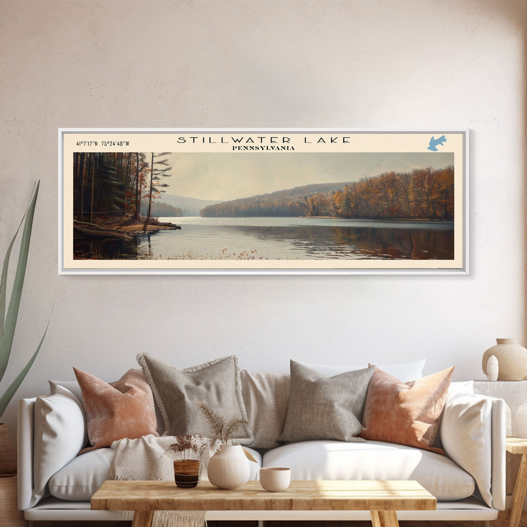 Stillwater Lake Pennsylvania Panoramic Framed Canvas Print, Lake House Decor, Wall Art, Travel Poster, Serene Lake Painting, Living Room Decor