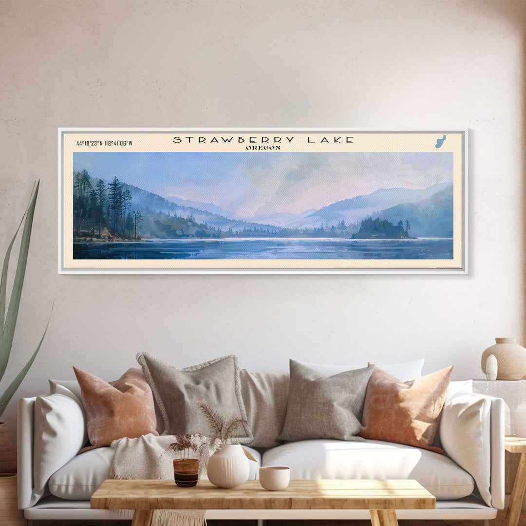 Strawberry Lake Oregon Panoramic Framed Canvas Print, Lake House Decor, Wall Art, Travel Poster, Tranquil Lake Scene, Living Room Decor