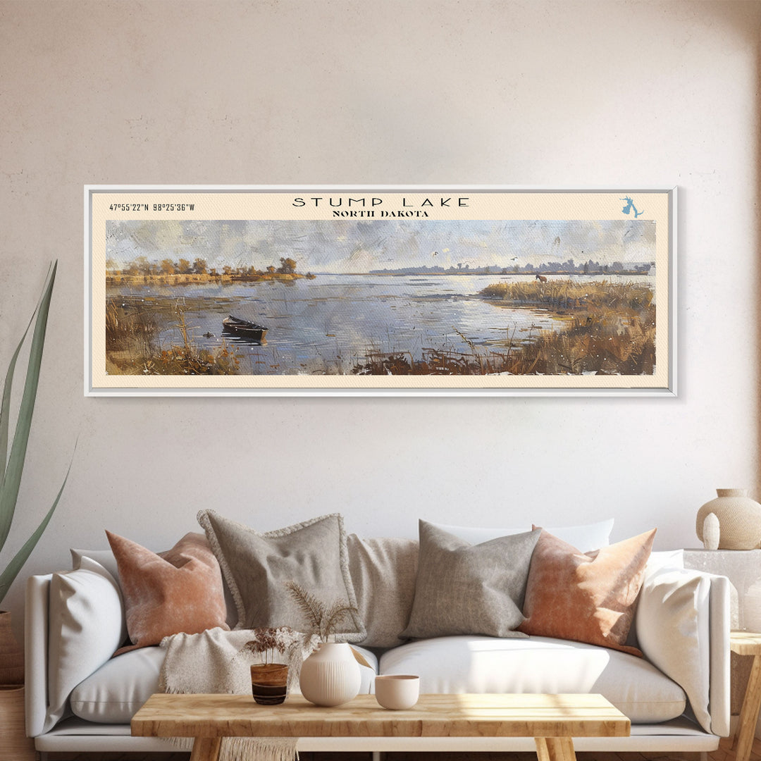 Stump Lake North Dakota Panoramic Wall Art, Framed Canvas Print, Lake House Decor, Travel Poster, Beautiful Lake Scene, Bedroom Decor