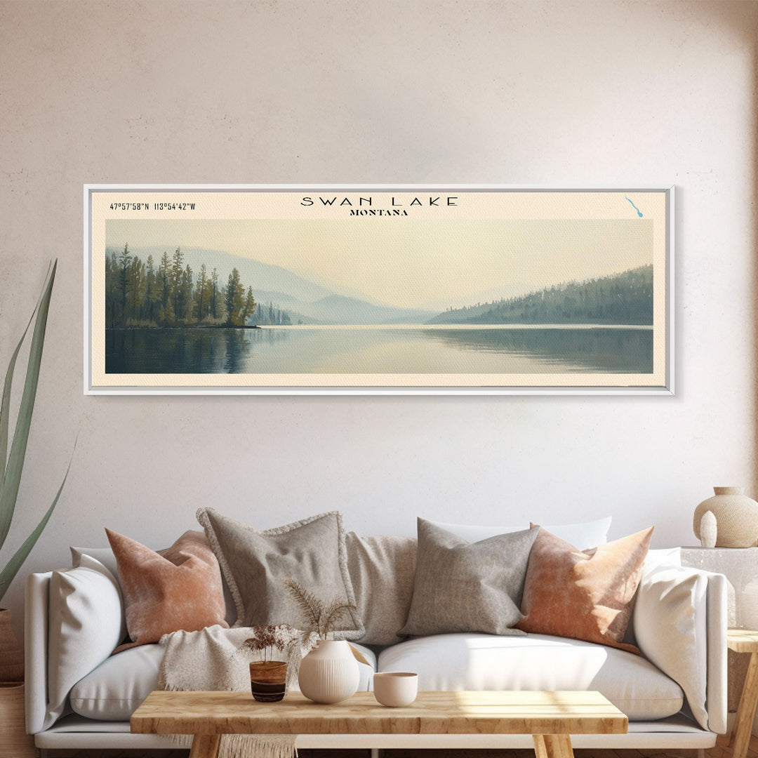 Swan Lake Montana Panoramic Wall Art, Framed Canvas Print, Lake House Decor, Travel Poster, Beautiful Landscape, Bedroom Decor