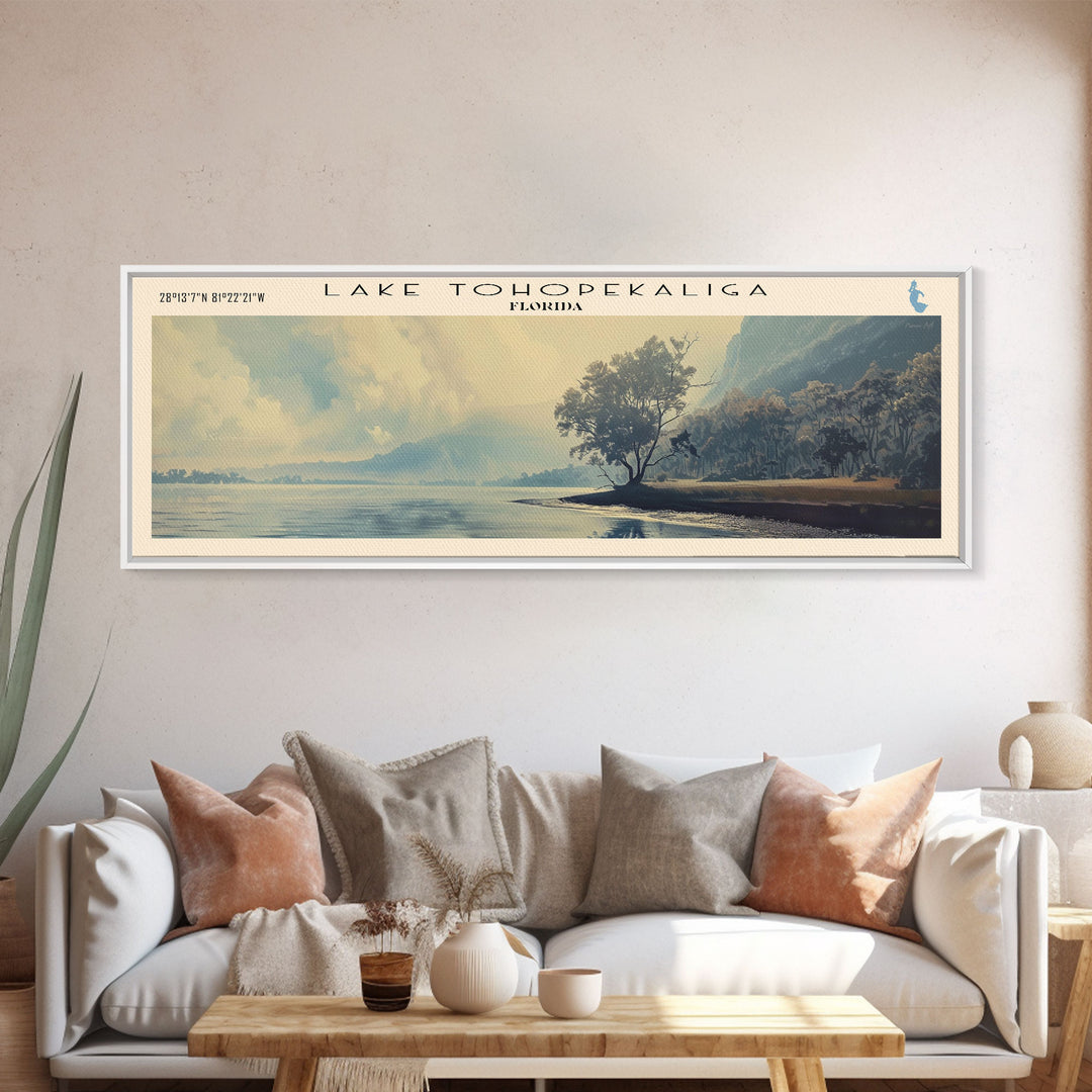 Tohopekaliga Panoramic Wall Art, Framed Canvas Print, Lake House Decor, Travel Poster, Scenic Lake Scene, Bedroom Art