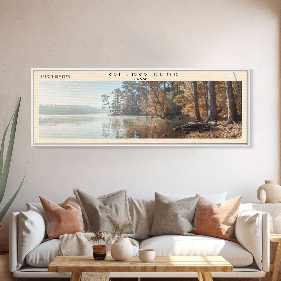 Toledo Bend Panoramic Wall Art, Framed Canvas Print, Lake House Decor, Travel Poster, Serene Landscape, Living Room Art