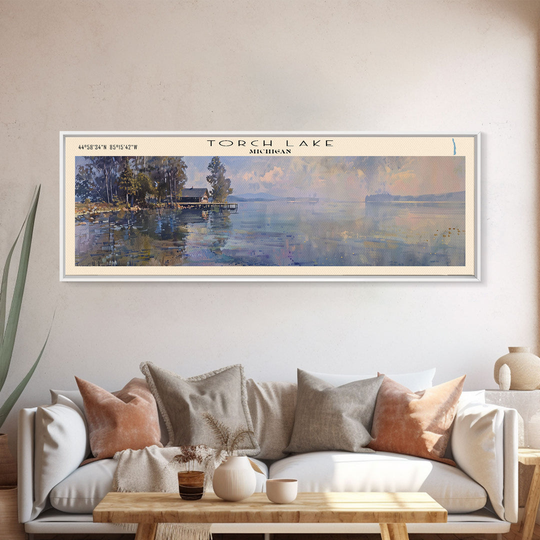 Torch Lake Panoramic Wall Art, Framed Canvas Print, Lake House Decor, Travel Poster, Serene Landscape, Home Decor