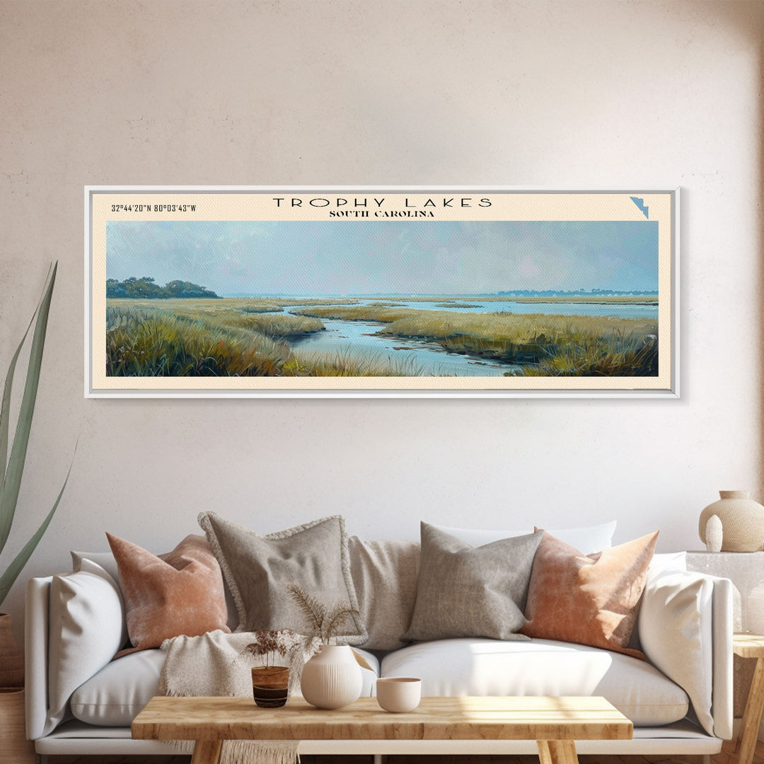 Trophy Lakes South Carolina Panoramic Wall Art, Framed Canvas Print, Lake House Decor, Travel Poster, Scenic Lake Scene, Living Room Art