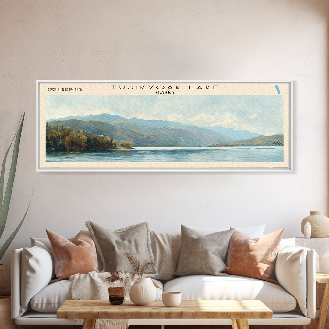 Tusikvoak Lake Panoramic Wall Art, Framed Canvas Print, Lake House Decor, Travel Poster, Serene Landscape, Home Decor