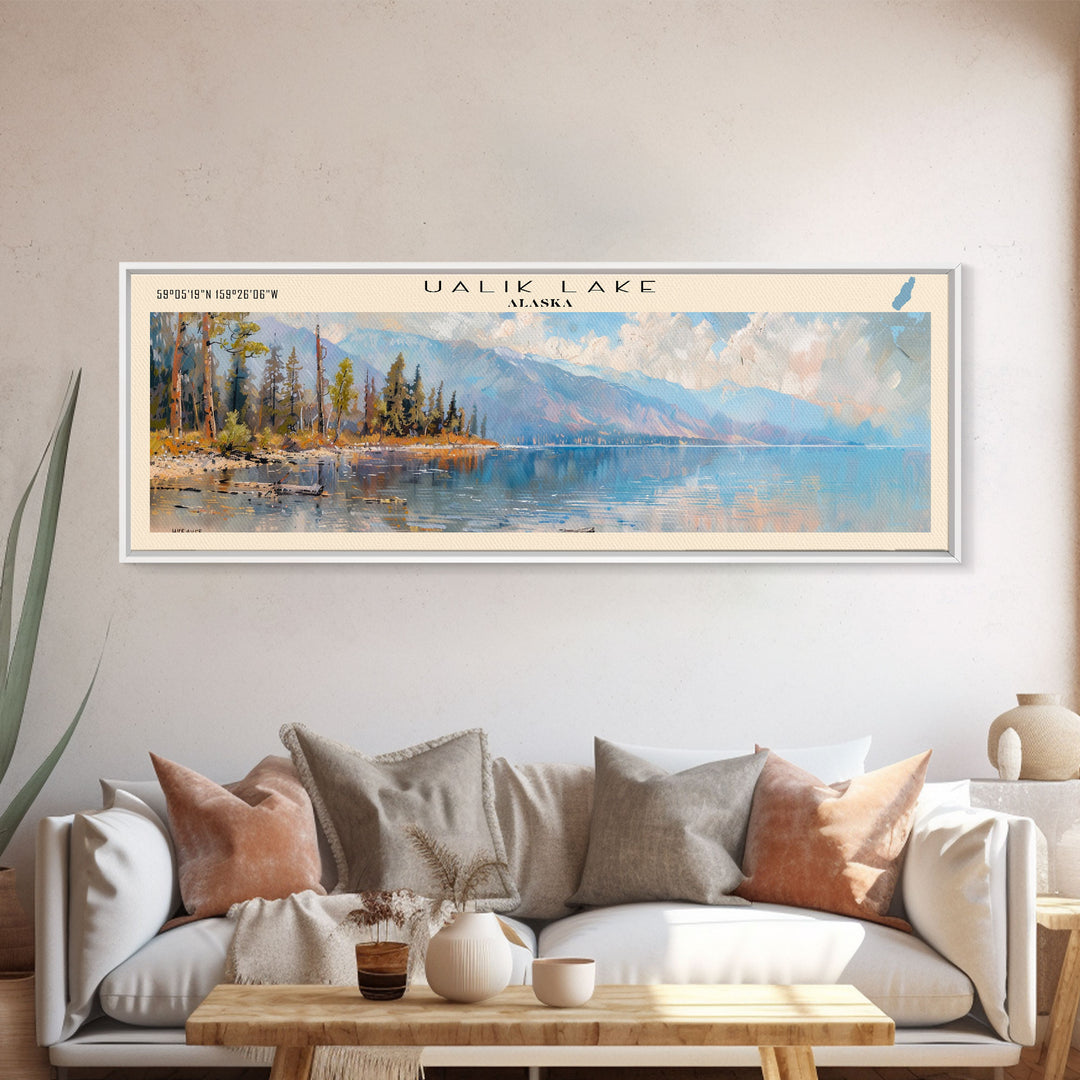 Ualik Lake Panoramic Wall Art, Framed Canvas Print, Lake House Decor, Travel Poster, Beautiful Lake Scene, Home Decor